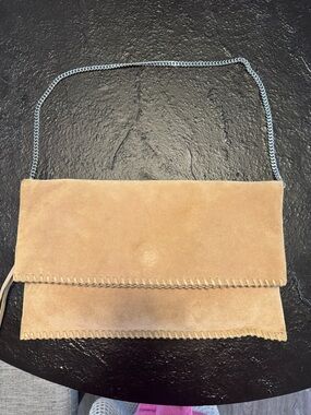 All Saints Tan Suede Fold-Over Clutch with Chain Strap